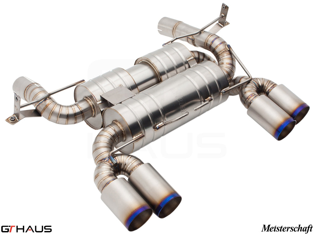 Premium exhaust system for BMW E90/92/93 M3 4.0L V8, featuring stainless steel construction and dual tips.