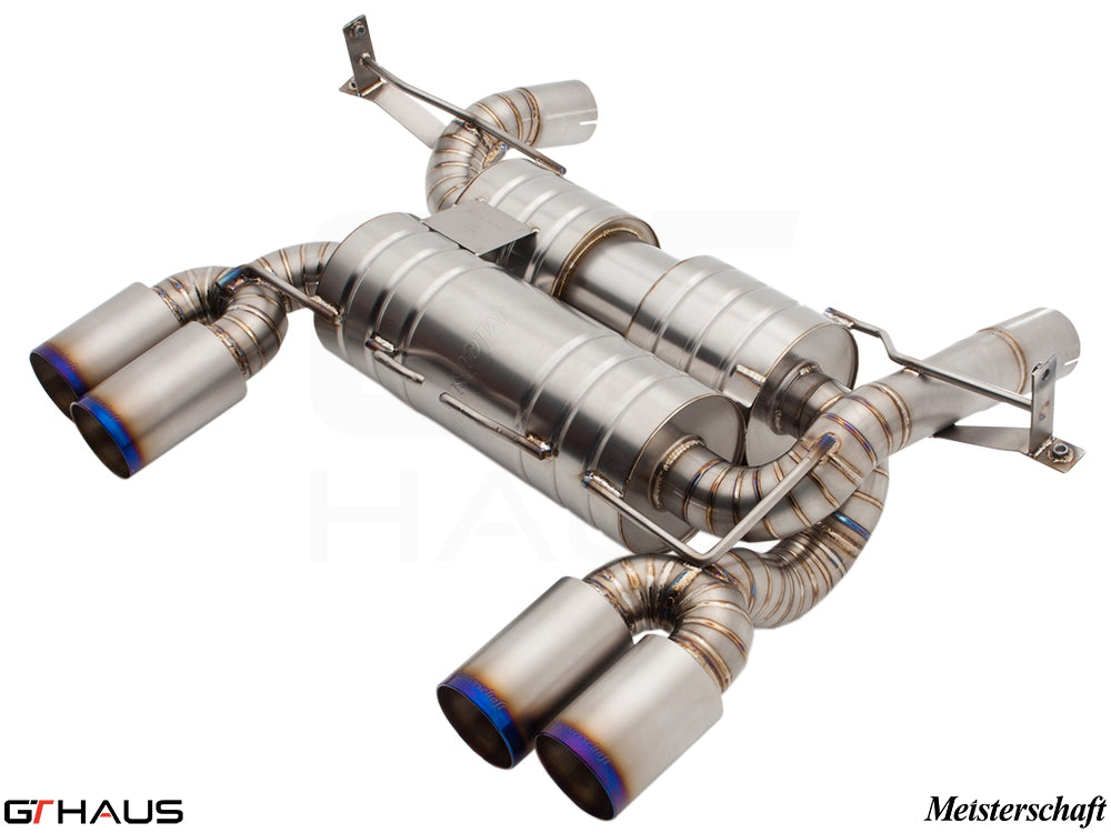 Premium exhaust system for BMW E90/92/93 M3 4.0L V8, featuring stainless steel construction and quad tips.