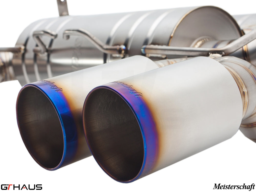 Premium Meisterschaft exhaust system for BMW E90/92/93 M3 featuring polished tips and high-quality stainless steel construction.