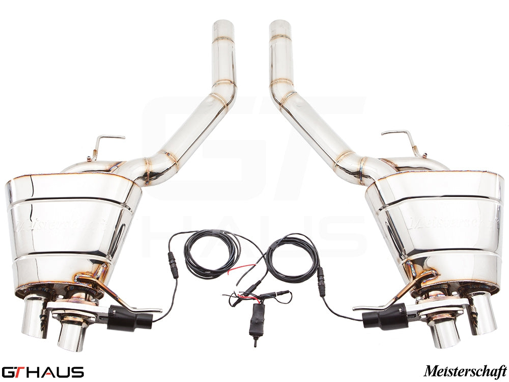 Premium exhaust system for BMW F01/F02 7 Series 750i/Li Bi-turbo V8, featuring polished stainless steel and electronic valve control.