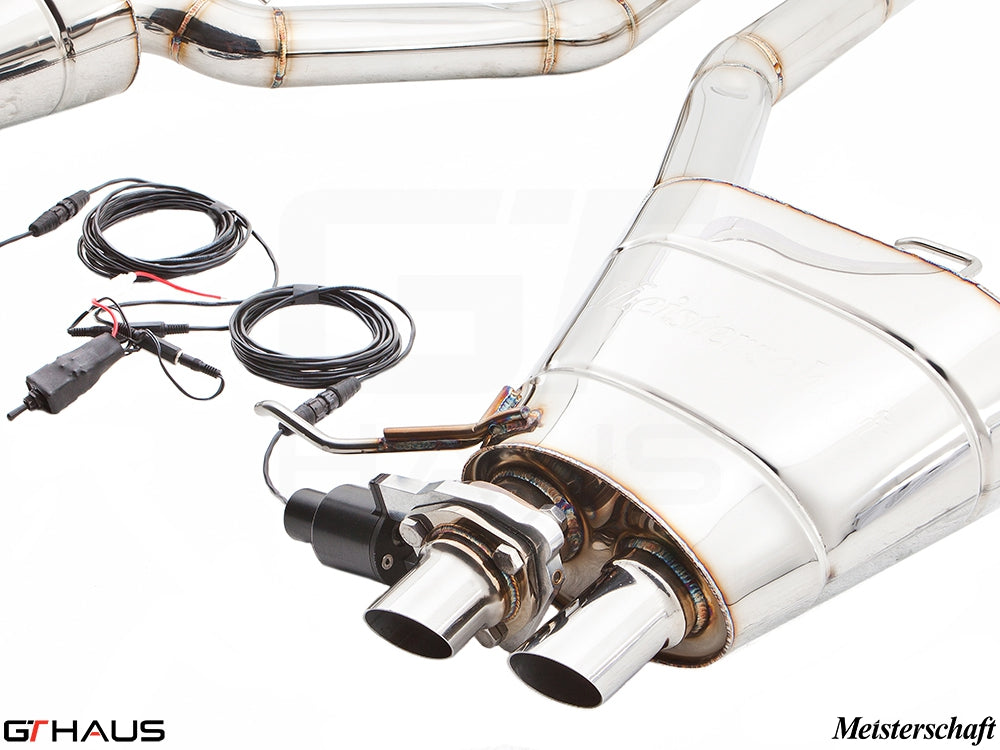 Premium exhaust system for BMW F01/F02 7 Series 750i/Li Bi-turbo V8, featuring dual tips and electronic valve control.