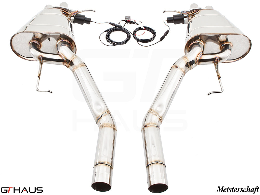 Premium exhaust system for BMW F01/F02 7 Series 760Li Bi-turbo V12, featuring polished stainless steel and electronic valve control.