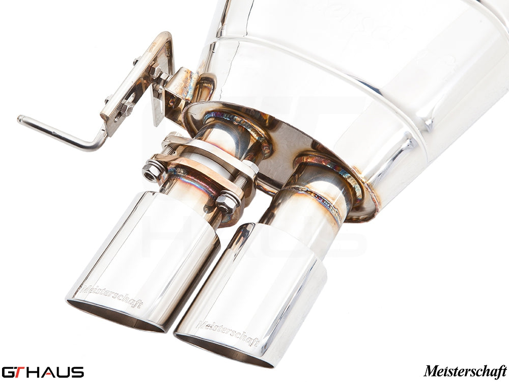 Premium Meisterschaft exhaust tip for BMW F06 640i Gran Coupe, showcasing polished stainless steel finish and dual outlets.