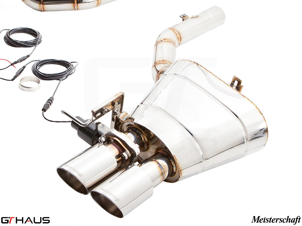 Premium Meisterschaft exhaust system for BMW F06 6 Series Gran Coupe 650i/xi, featuring dual polished tips and electronic valve control.