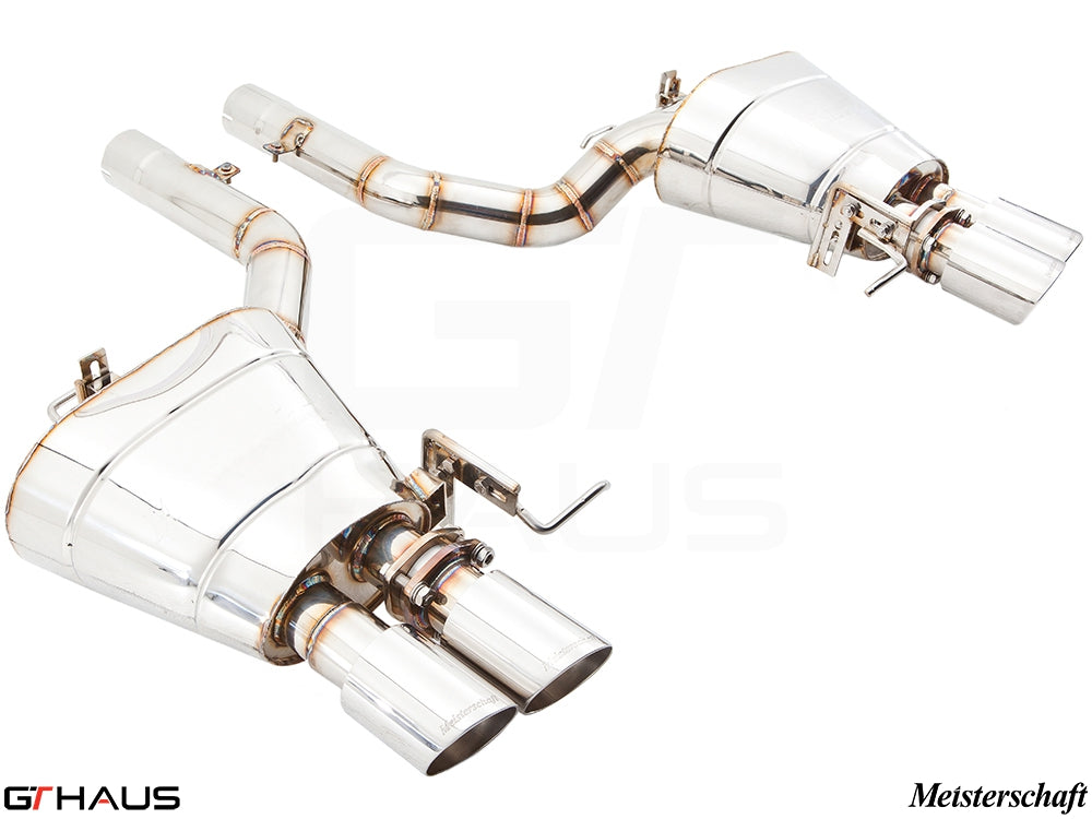 Premium exhaust system for BMW F06 6 Series Gran Coupe 650i/xi, featuring polished stainless steel and dual tips.