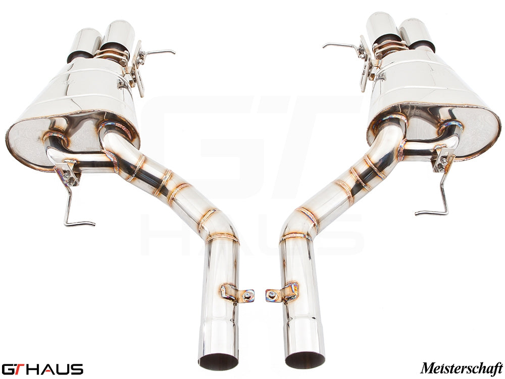Premium Meisterschaft exhaust system for BMW F06 6 Series Gran Coupe 650i/xi, featuring polished stainless steel design.