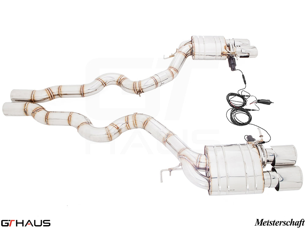 Premium performance exhaust system for BMW F06 M6 Gran Coupe V8 Twin Turbo, featuring stainless steel construction and electronic valve control.