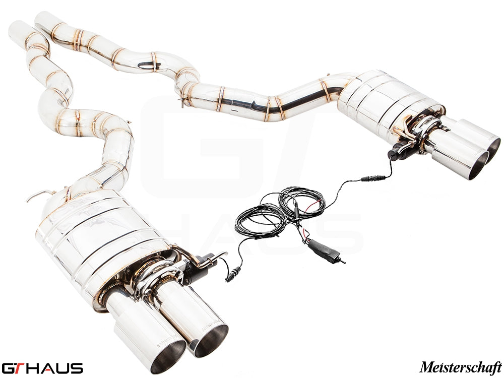 Premium performance exhaust system for BMW F06 M6 Gran Coupe V8 Twin Turbo, featuring polished stainless steel and electronic valve control.