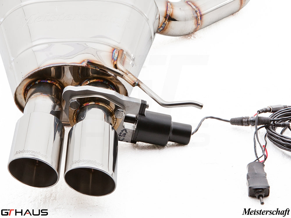 Meisterschaft exhaust system for BMW F10 5 Series 523i/528i, featuring polished dual tips and electronic valve control.