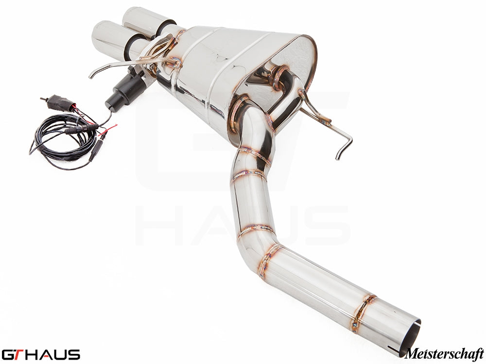 Premium Meisterschaft exhaust system for BMW F10 5 Series 523i/528i, featuring stainless steel construction and electronic valve control.