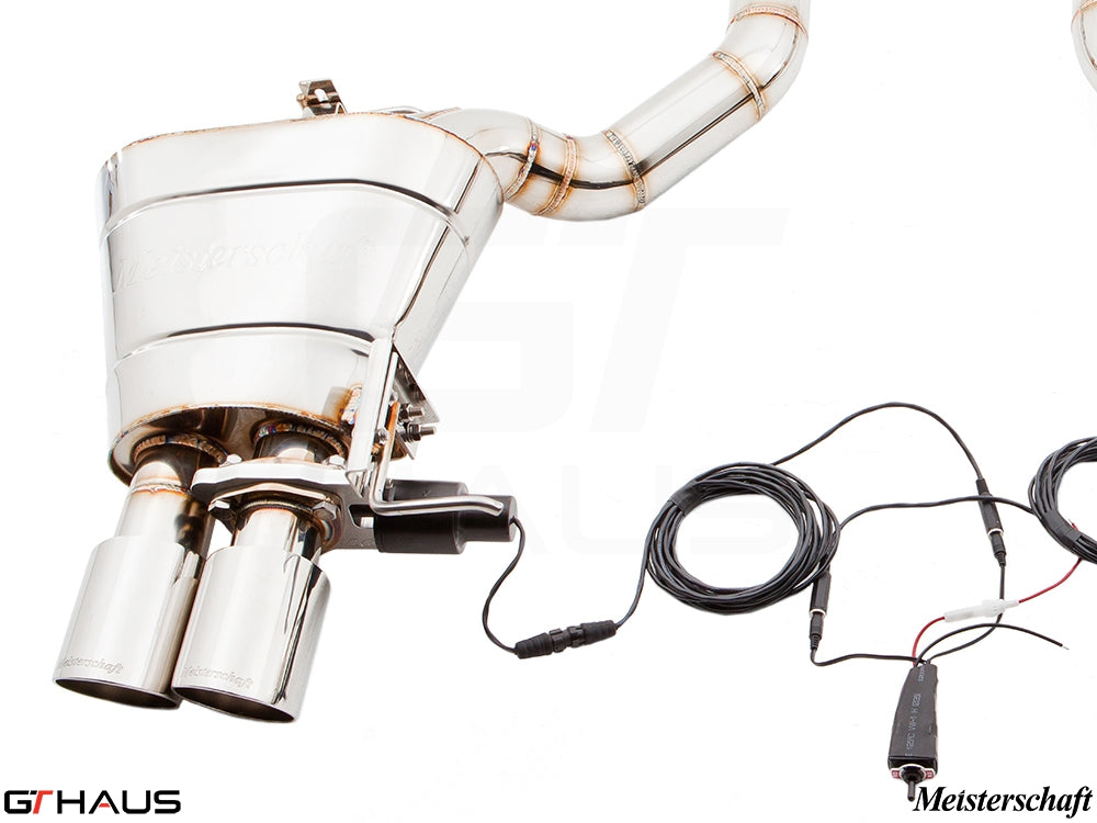 Premium performance exhaust system for BMW F10 5 Series 523i/528i, featuring dual tips and electronic valve control.