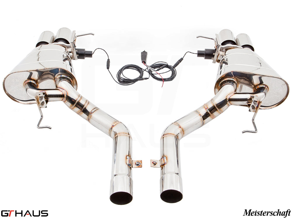 Premium Meisterschaft exhaust system for BMW F10 5 Series 523i/528i, featuring dual tips and electronic valve control.