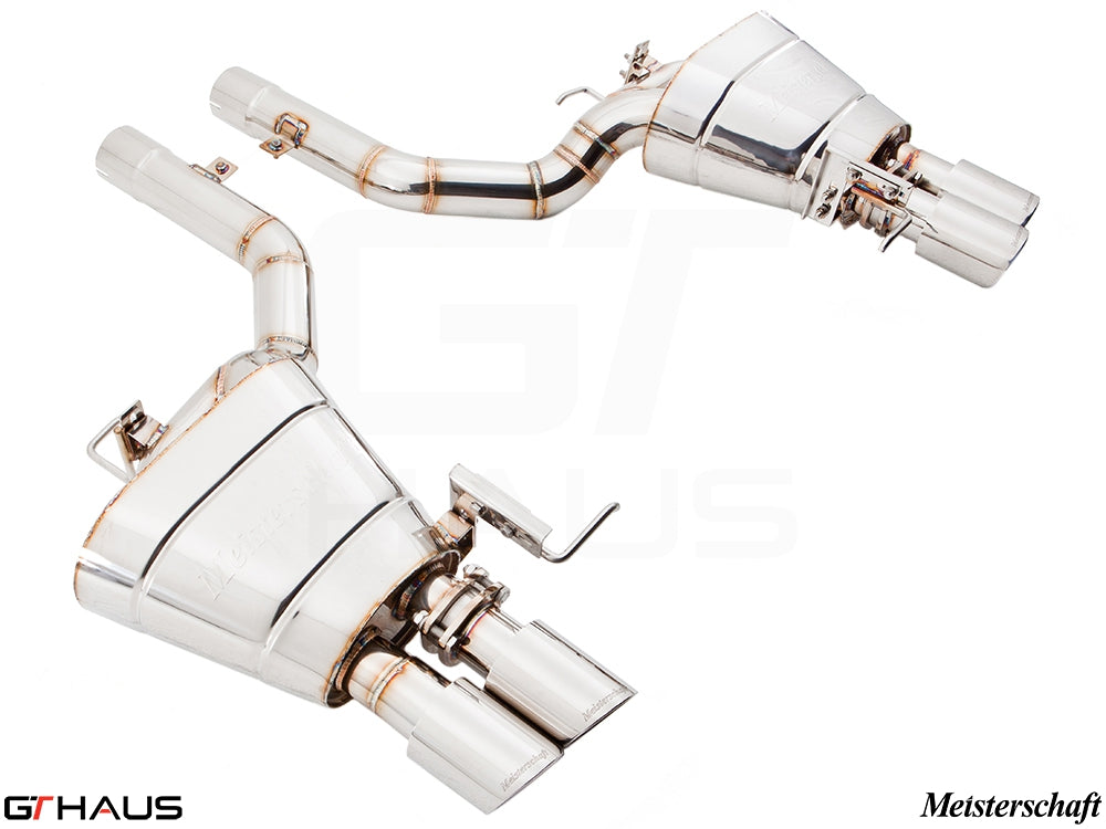Premium performance exhaust system for BMW F10 5 Series 523i/528i Inline 6, featuring polished stainless steel design.