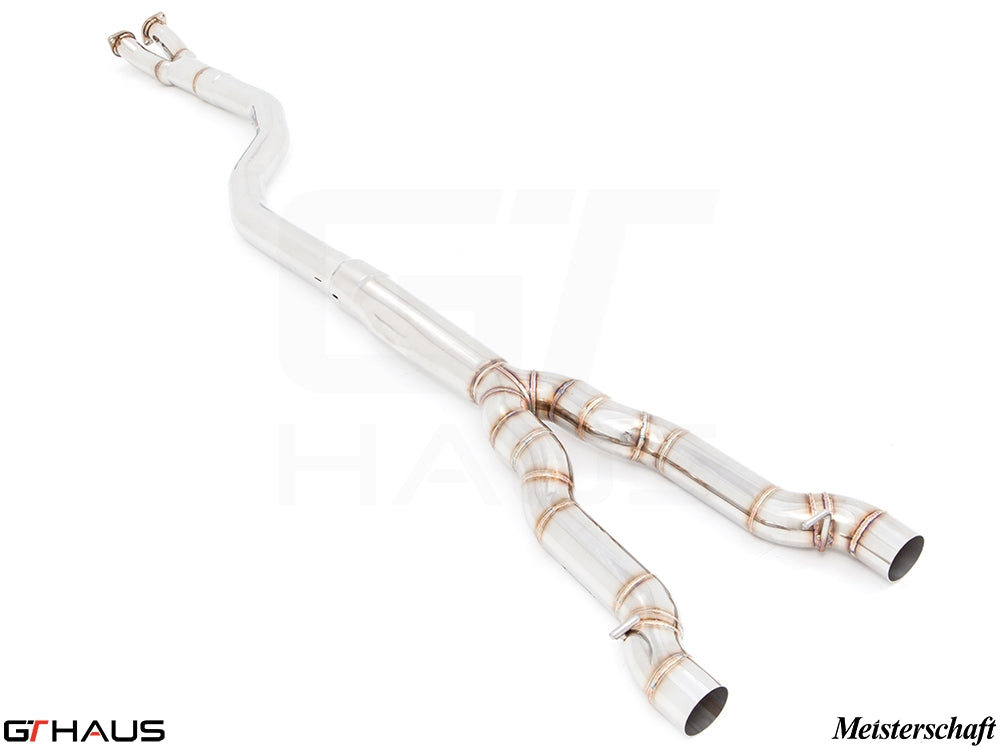 BMW F10 5 Series 2012-2016 full cat-back bolt-on pipe with resonator delete, featuring a polished stainless steel design.