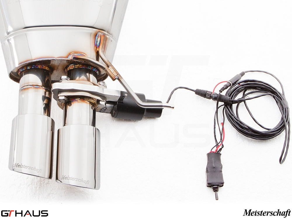 Premium exhaust system for BMW F10 528i, featuring dual polished tips and electronic valve control for enhanced performance.