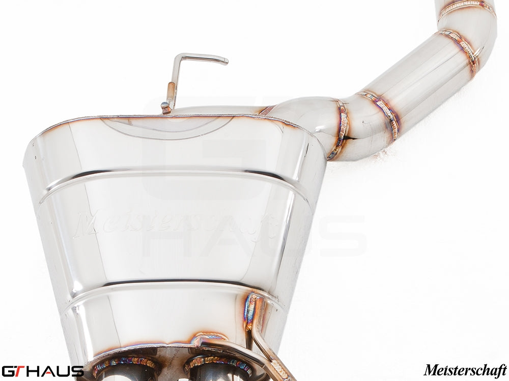 Premium Meisterschaft exhaust system for BMW F10 528i, featuring polished stainless steel and precision engineering.