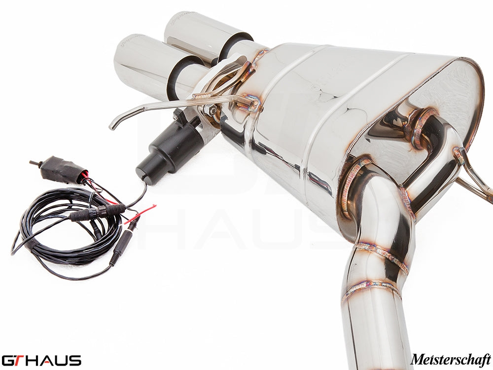 Premium Meisterschaft exhaust system for BMW F10 528i, featuring polished stainless steel and electronic valve control.