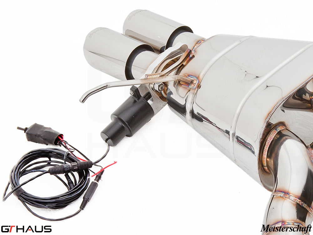 Premium Meisterschaft exhaust system for BMW F10 528i, featuring polished tips and electronic valve control.