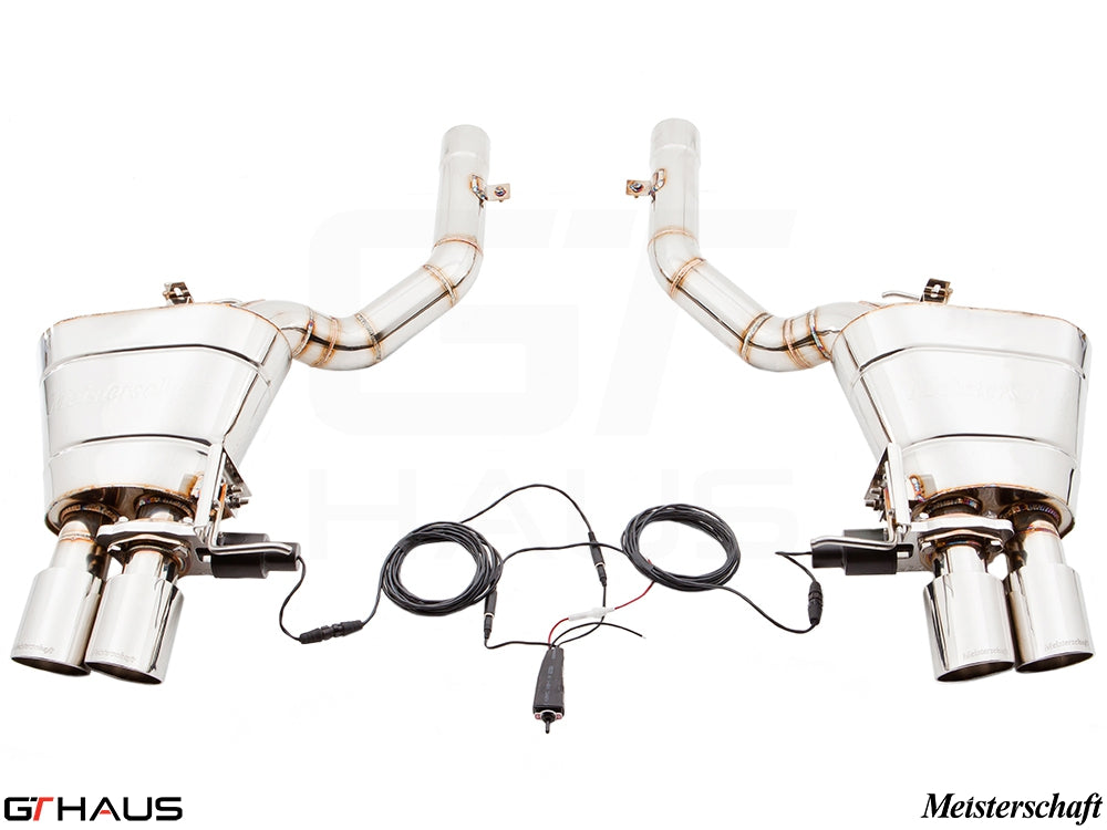 Premium Meisterschaft exhaust system for BMW F10 528i sedan, featuring dual tips and electronic valve control.