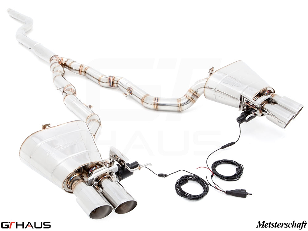 Premium exhaust system for BMW F10 5 Series 535i Sedan, featuring polished tips and electronic valve control.