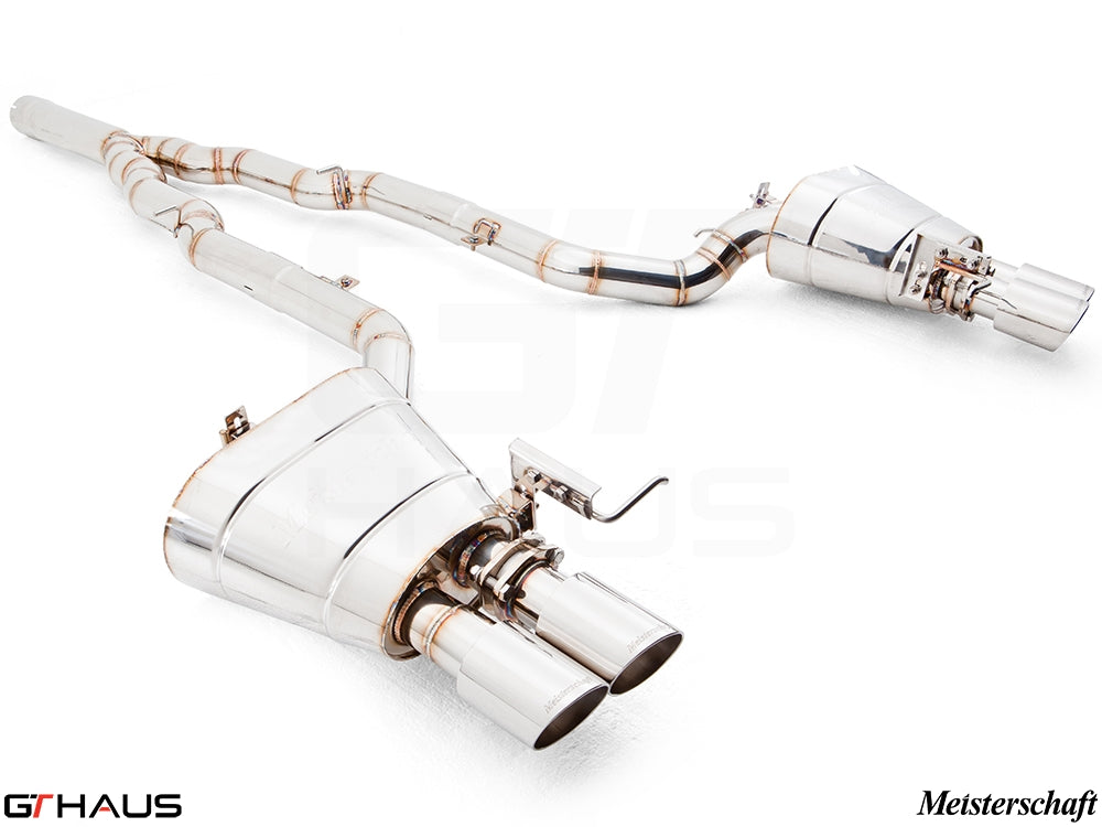 Premium Meisterschaft exhaust system for BMW F10 535i Sedan, featuring polished stainless steel construction and dual tips.