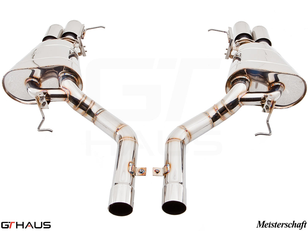 Premium Meisterschaft exhaust system for BMW F10 550i Sedan, featuring polished stainless steel construction and dual tips.