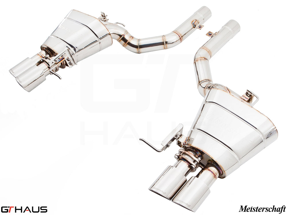Premium Meisterschaft exhaust system for BMW F10 550i Sedan, featuring polished stainless steel and dual tips.