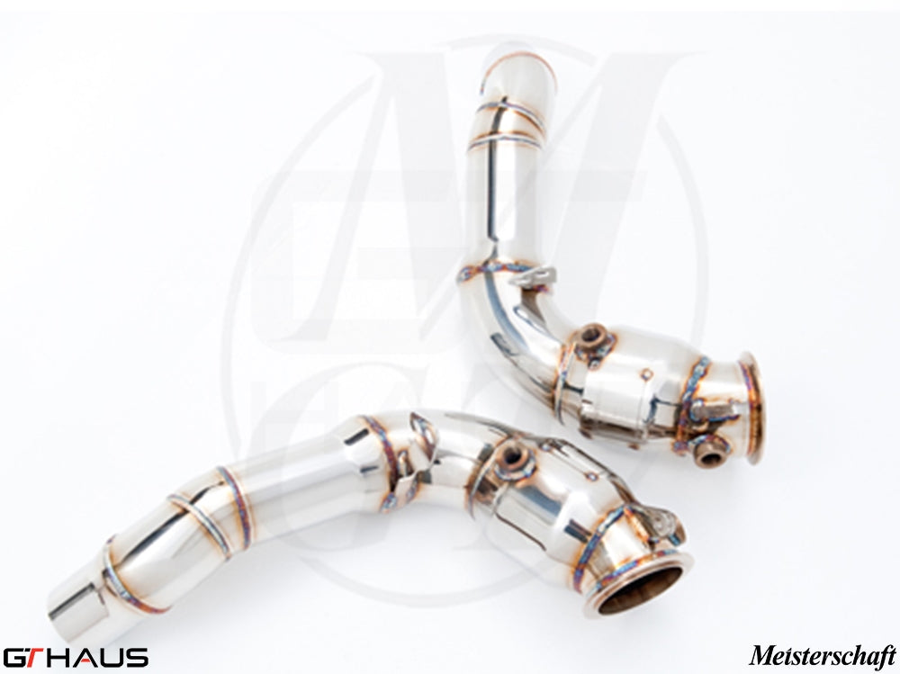 BMW F10 M5 2013-2018 down pipes with 400 CEL sport cats and 90mm piping, featuring polished stainless steel construction.