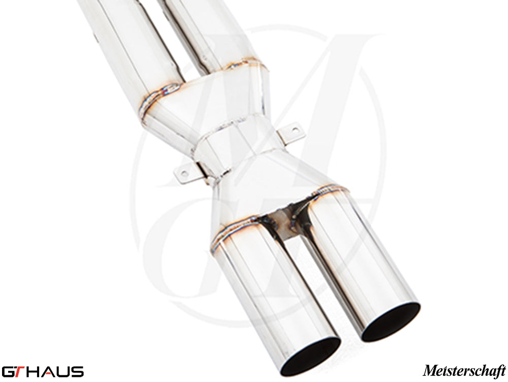 BMW F10 M5 2013-2018 full cat-back bolt-on pipe with velocity box, featuring polished stainless steel construction and dual tips.