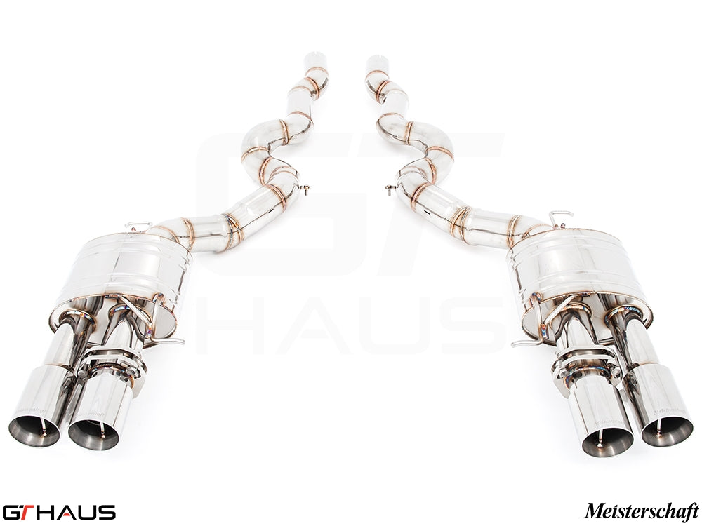 Premium performance exhaust system for BMW F10 M5 V8 Twin Turbo Sedan, featuring stainless steel construction and dual tips.