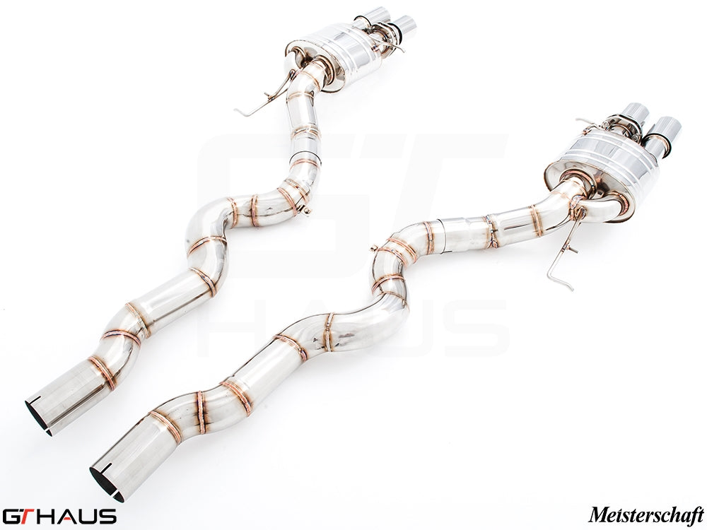 Premium performance exhaust system for BMW F10 M5 V8 Twin Turbo Sedan, featuring stainless steel construction and dual tips.