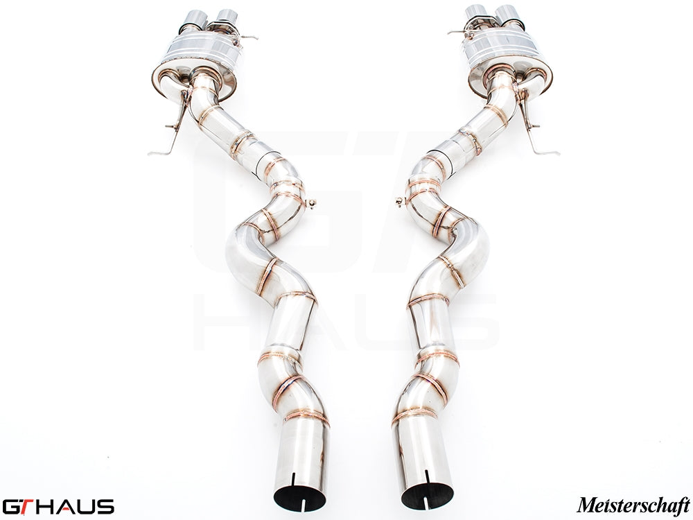 Premium exhaust system for BMW F10 M5 V8 Twin Turbo Sedan, featuring stainless steel construction and dual tips.