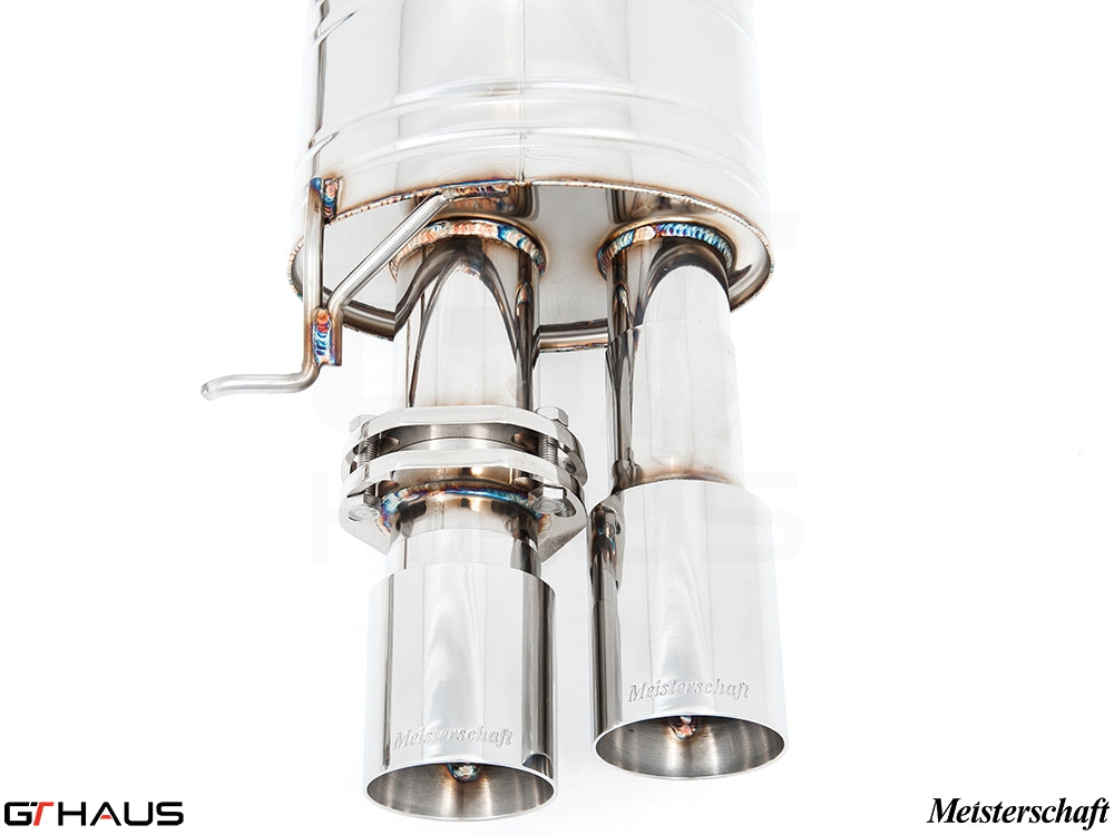 Premium Meisterschaft exhaust system for BMW F10 M5 V8 Twin Turbo, showcasing polished stainless steel tips and craftsmanship.