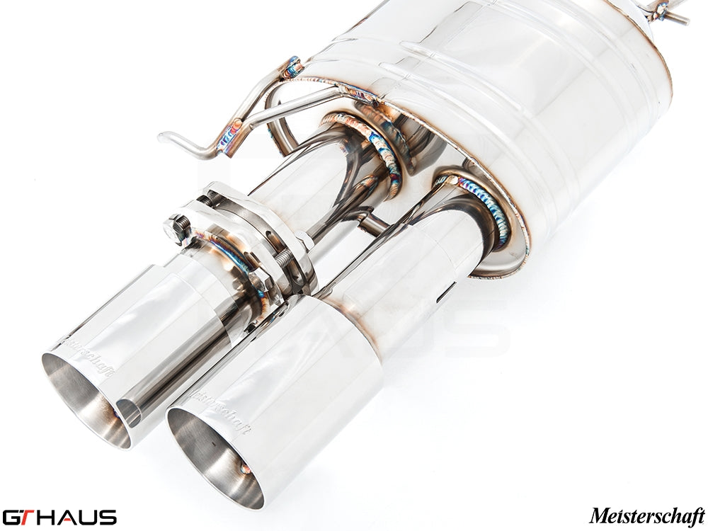 Premium Meisterschaft exhaust system for BMW F10 M5 V8 Twin Turbo, featuring polished stainless steel tips and precision welding.