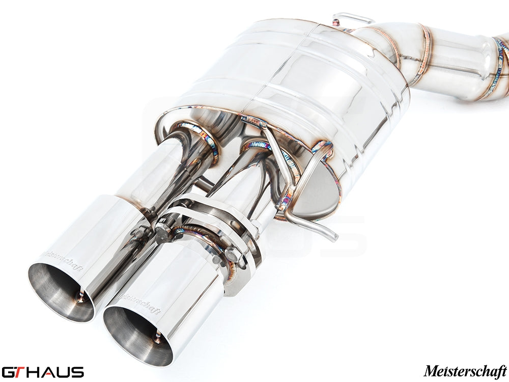 High-performance Meisterschaft exhaust system for BMW F10 M5 V8 Twin Turbo Sedan, featuring polished stainless steel tips.