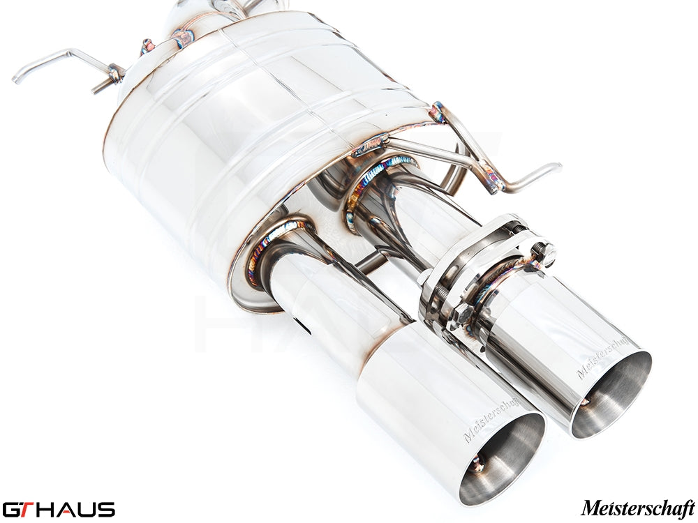 Premium Meisterschaft exhaust system for BMW F10 M5 V8 Twin Turbo, featuring polished stainless steel and dual tips.