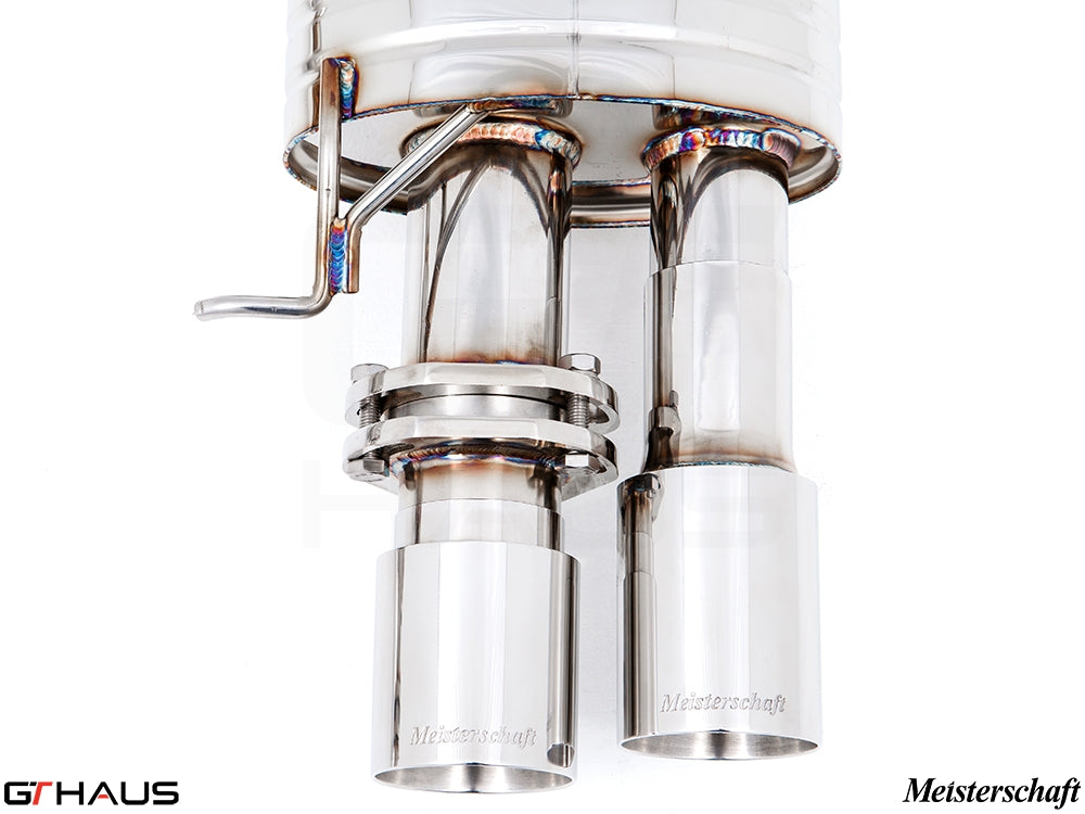 Premium Meisterschaft exhaust tips for BMW F10 M5 V8 Twin Turbo, showcasing high-quality stainless steel craftsmanship.