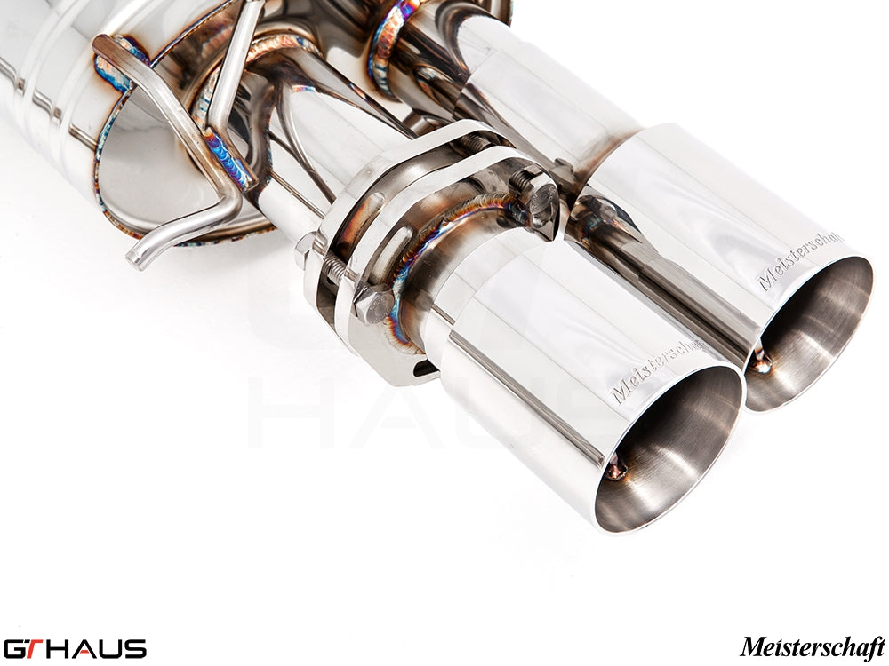 Premium stainless steel exhaust tip for BMW F10 M5 V8 Twin Turbo, featuring Meisterschaft branding and precision craftsmanship.
