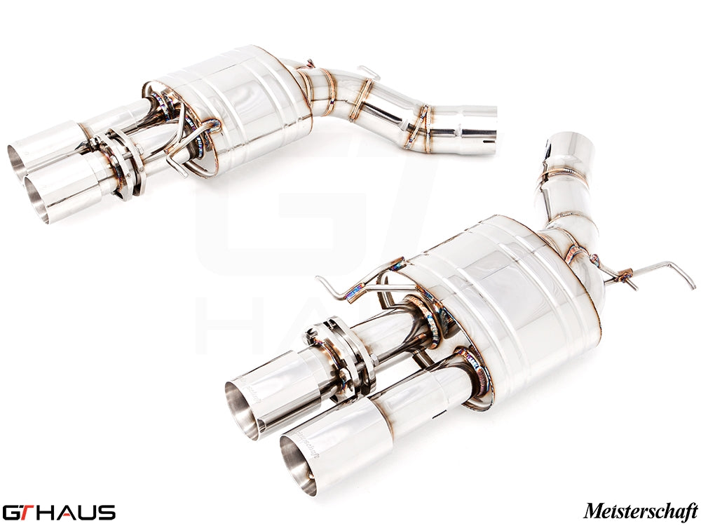 Premium Meisterschaft exhaust system for BMW F10 M5 V8 Twin Turbo Sedan, featuring polished stainless steel construction.