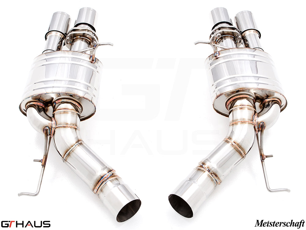 Premium exhaust system for BMW F10 M5 V8 Twin Turbo, featuring polished stainless steel and dual tips for enhanced performance.
