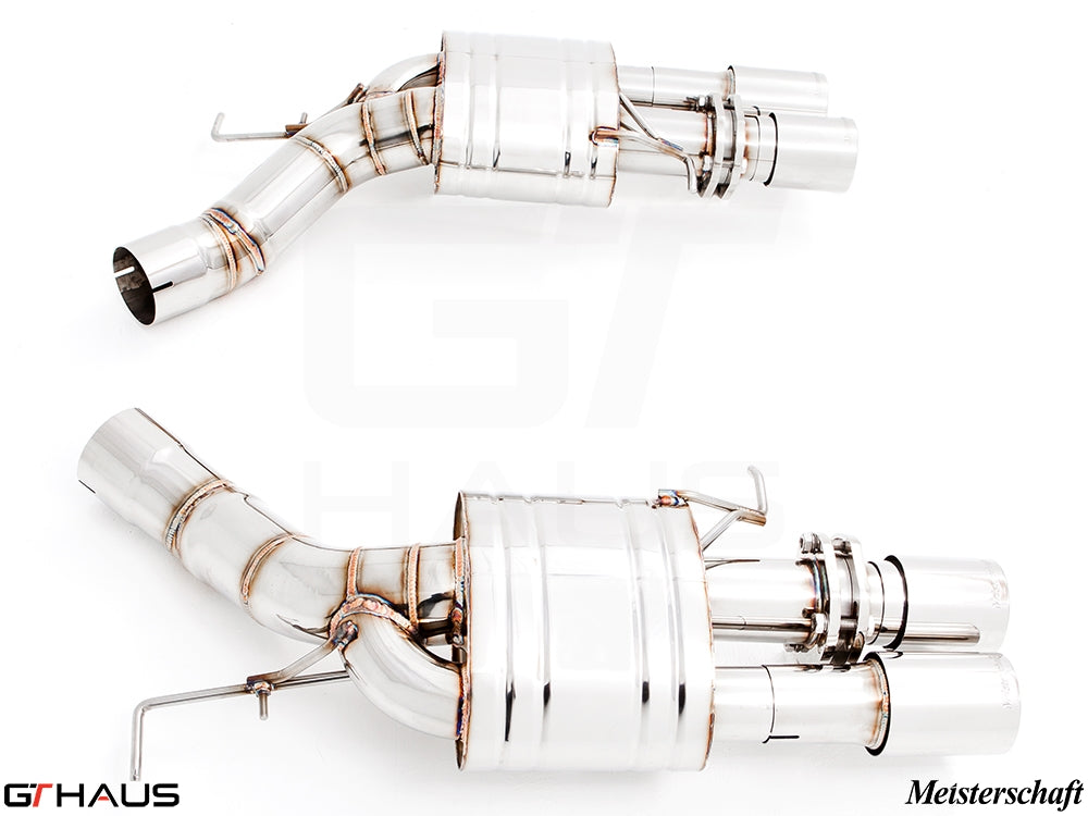 Premium Meisterschaft exhaust system for BMW F10 M5 V8 Twin Turbo, featuring polished stainless steel construction.