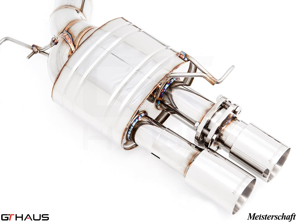 Premium exhaust system for BMW F10 M5 V8 Twin Turbo Sedan, featuring polished stainless steel and dual tips.