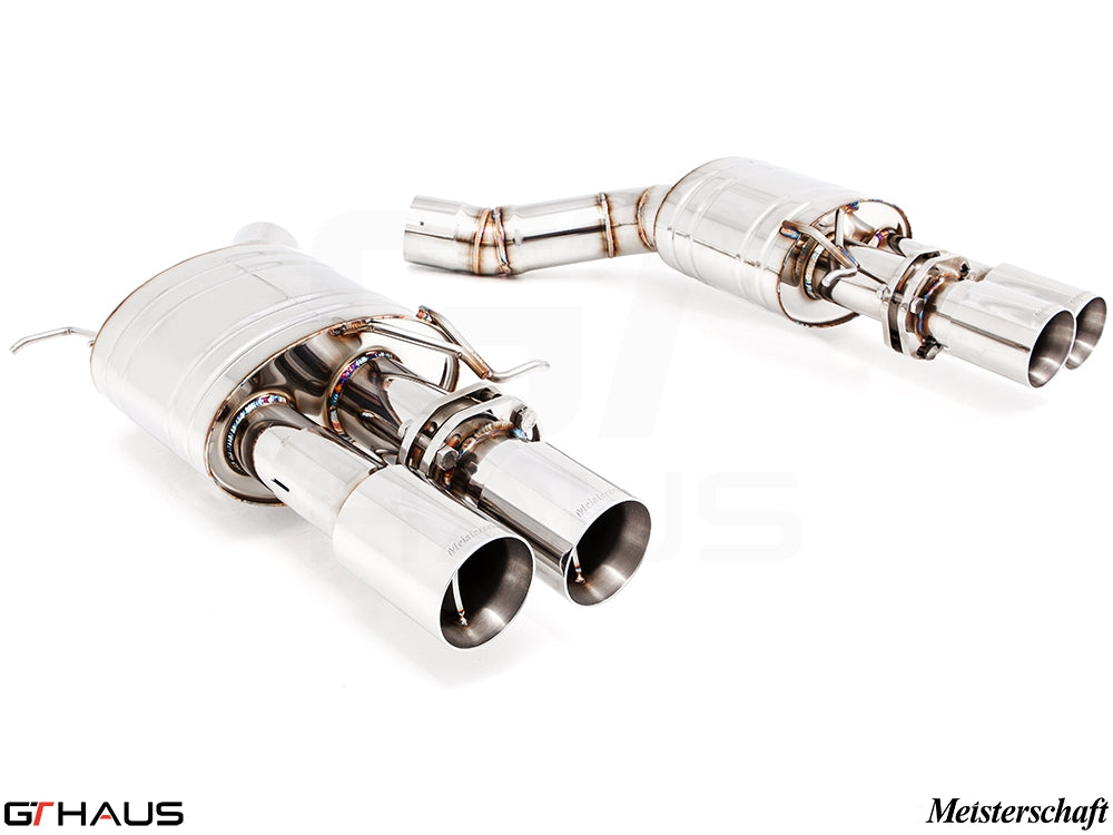 Premium exhaust system for BMW F10 M5 V8 Twin Turbo Sedan, featuring polished stainless steel and dual tips.