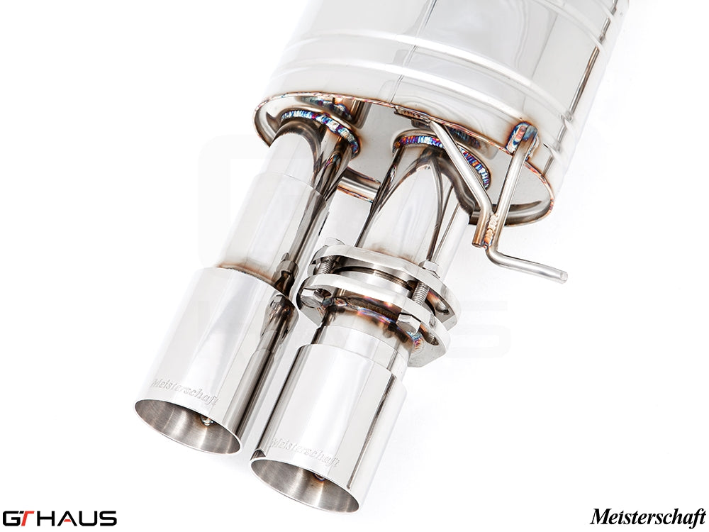 Premium stainless steel exhaust system for BMW F10 M5 V8 Twin Turbo, featuring dual polished tips and precision craftsmanship.