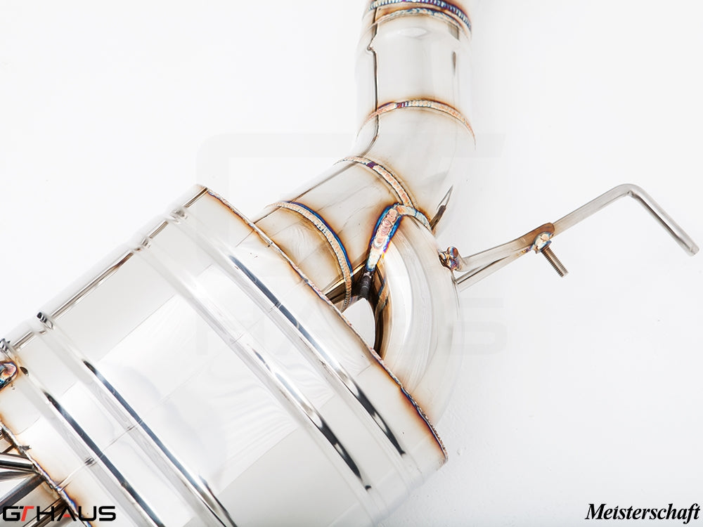 Premium stainless steel exhaust system for BMW F10 M5 V8 Twin Turbo, showcasing craftsmanship and electronic valve control.