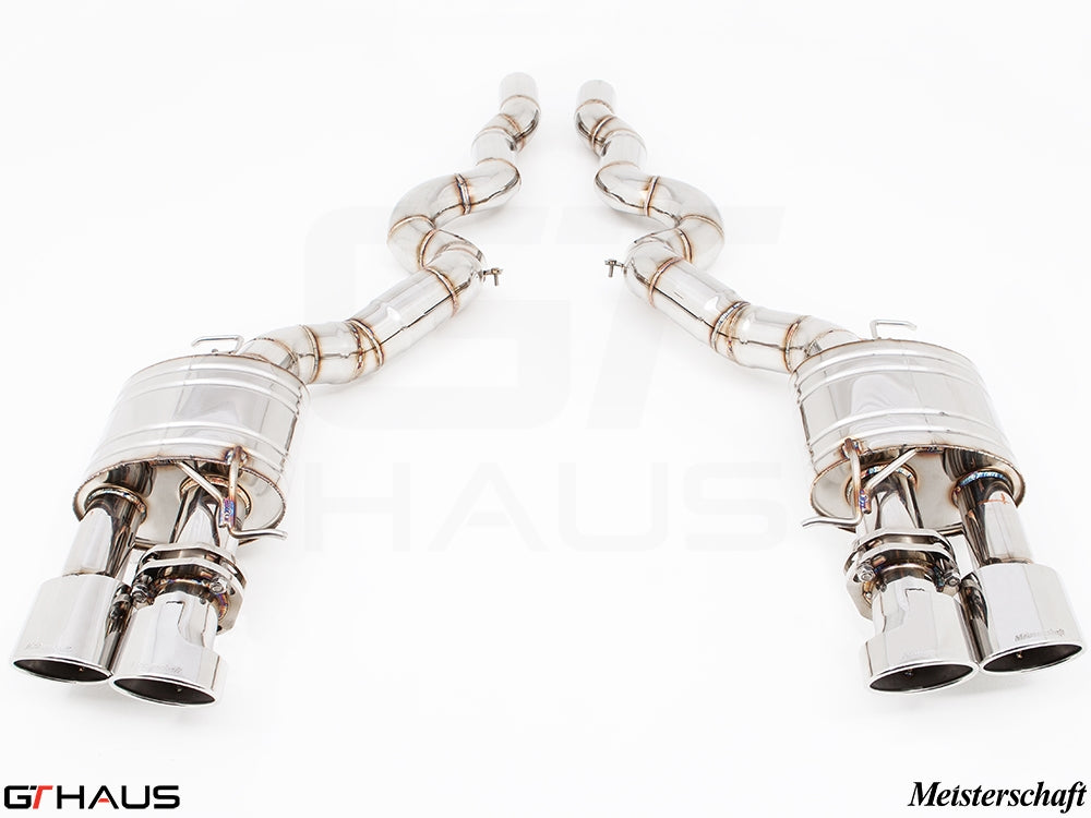 Premium performance exhaust system for BMW F10 M5 V8 Twin Turbo Sedan, featuring dual polished tips and stainless steel construction.