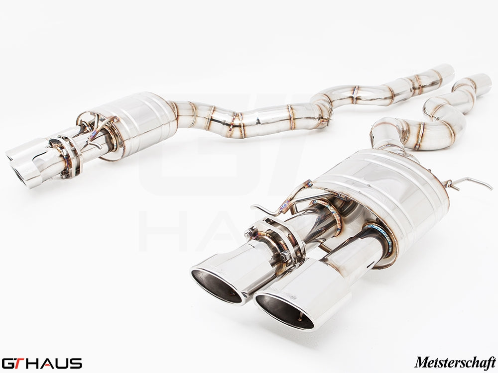 Premium exhaust system for BMW F10 M5 V8 Twin Turbo, featuring dual tips and stainless steel construction.