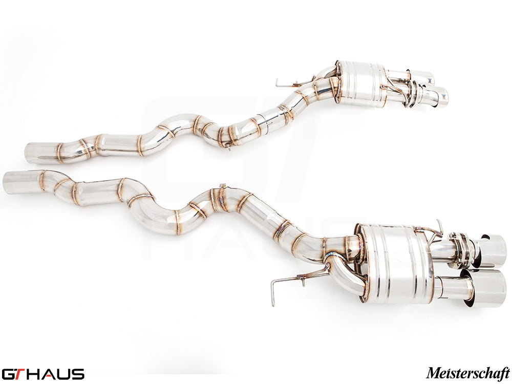 Premium Meisterschaft exhaust system for BMW F10 M5 V8 Twin Turbo Sedan, featuring stainless steel construction and performance design.
