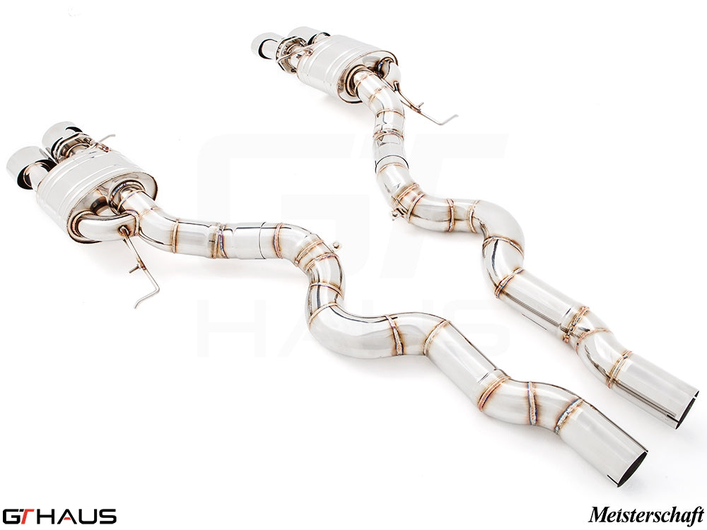 Premium Meisterschaft exhaust system for BMW F10 M5 V8 Twin Turbo Sedan, featuring polished stainless steel construction.