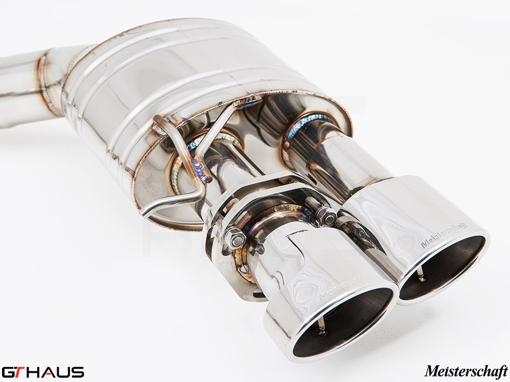 Premium Meisterschaft exhaust system for BMW F10 M5 V8 Twin Turbo, showcasing polished dual tips and quality craftsmanship.